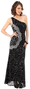 Image of Long Sequined Formal Prom Dress With Rhinestones Waist in Black/Silver