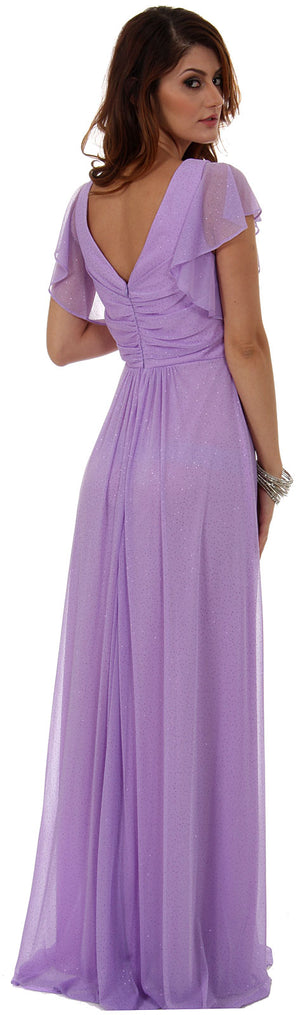 Image of Glittered V-neck Long Formal Dress With Flutter Sleeves back in Lilac