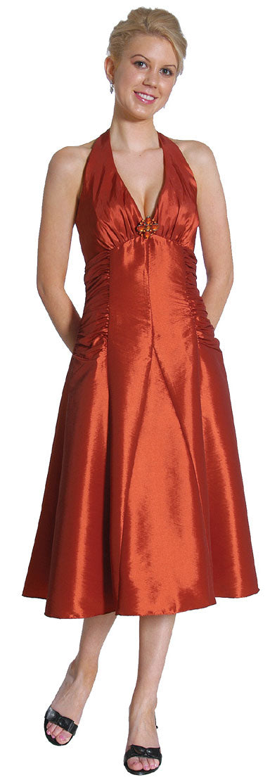 Image of Halter Neck Taffeta Tea Length Party Dress in Rust color