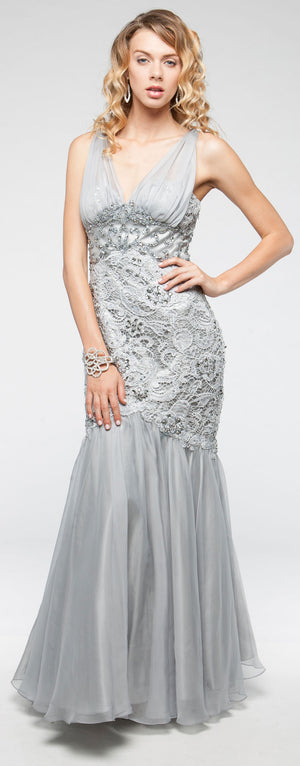 Image of Bejeweled Lace Bodice Mermaid Skirt Long Formal Prom Gown in Silver