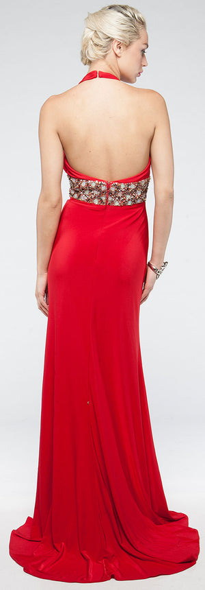 Image of Halter Neck Full Length Formal Prom Gown With Front Slit back in Red