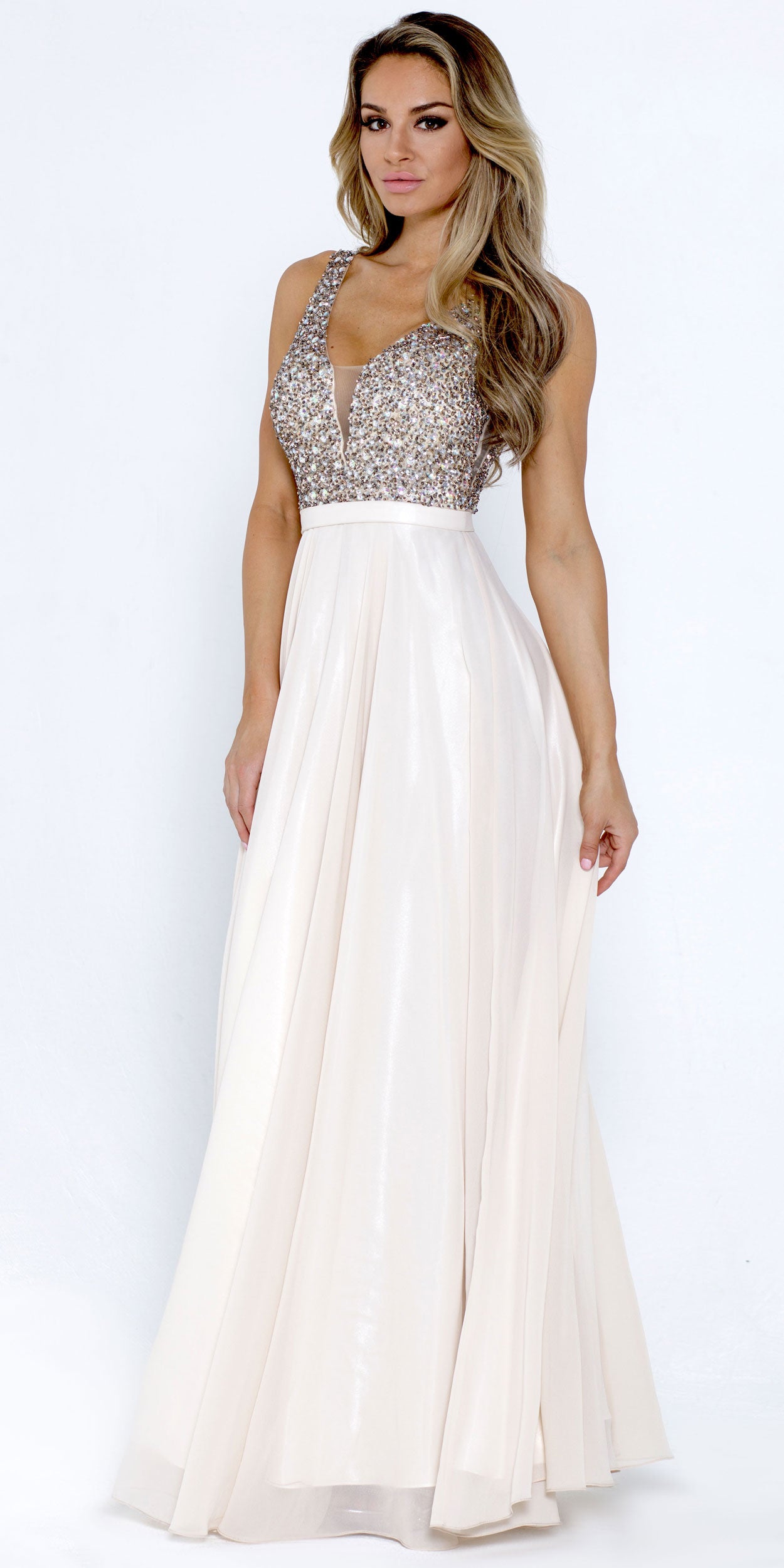 Image of Bejeweled Bodice V-neck Sleeveless Long Prom Dress in Champaign
