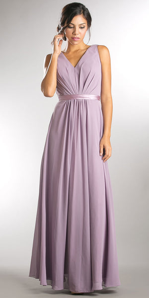 Image of V-neck Sleeveless Ruched Bodice Long Bridesmaid Dress in Lavender