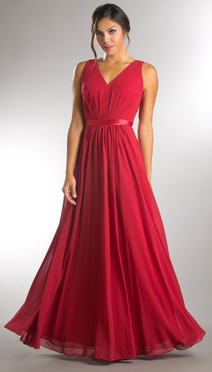 Image of V-neck Sleeveless Ruched Bodice Long Bridesmaid Dress in Red