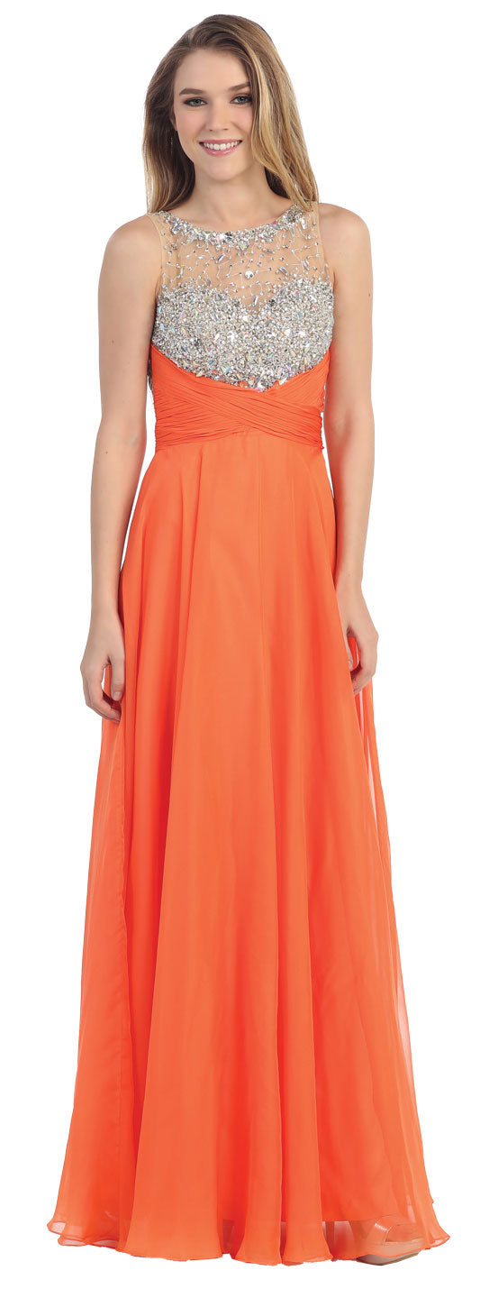 Image of Rhinestones Mesh Bust Long Prom Pageant Dress in Orange