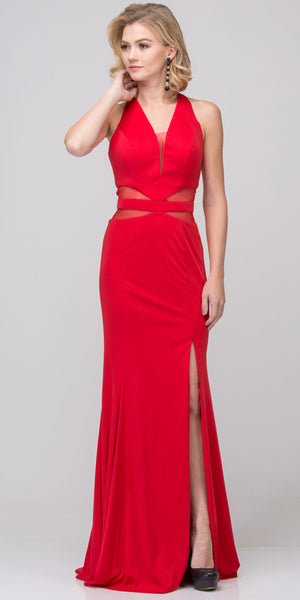 Image of Halter Neck Mesh Panels Front Slit Long Formal Prom Dress in Red