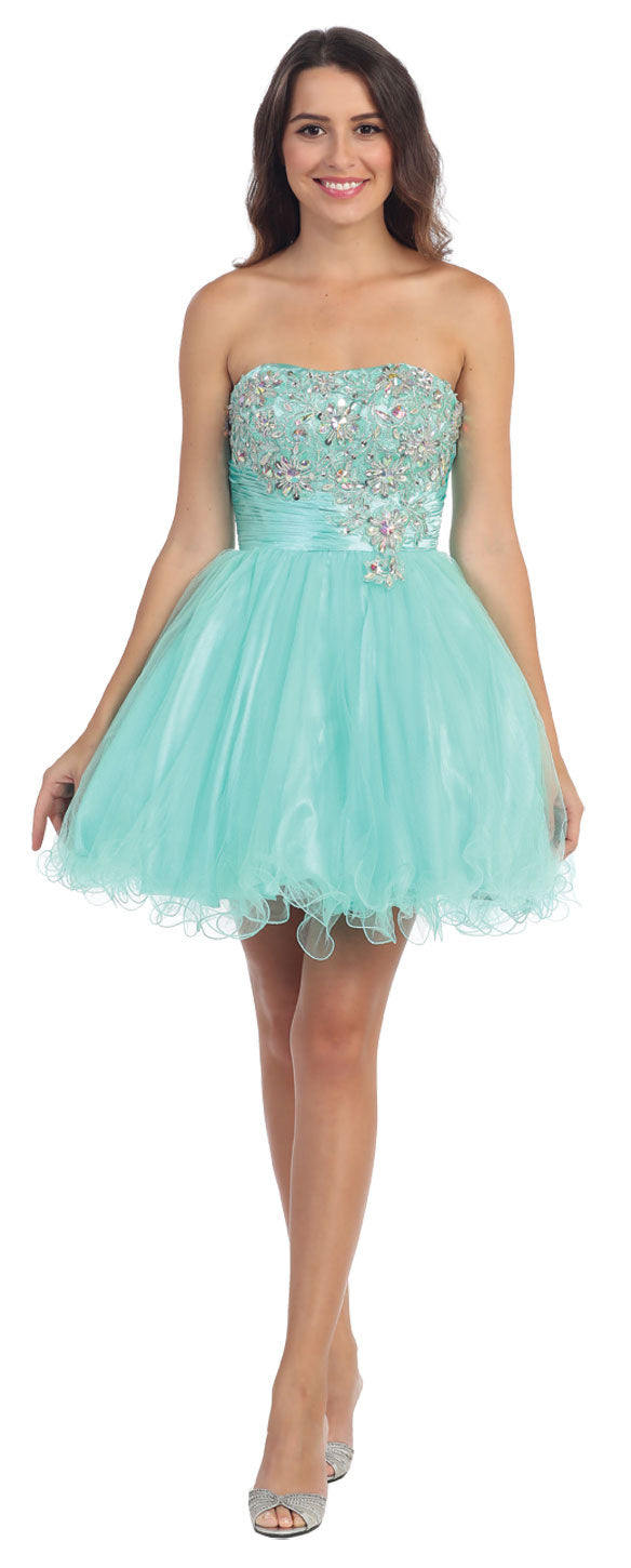 Image of Strapless Rhinestones Bust Short Tulle Party Dress in Mint