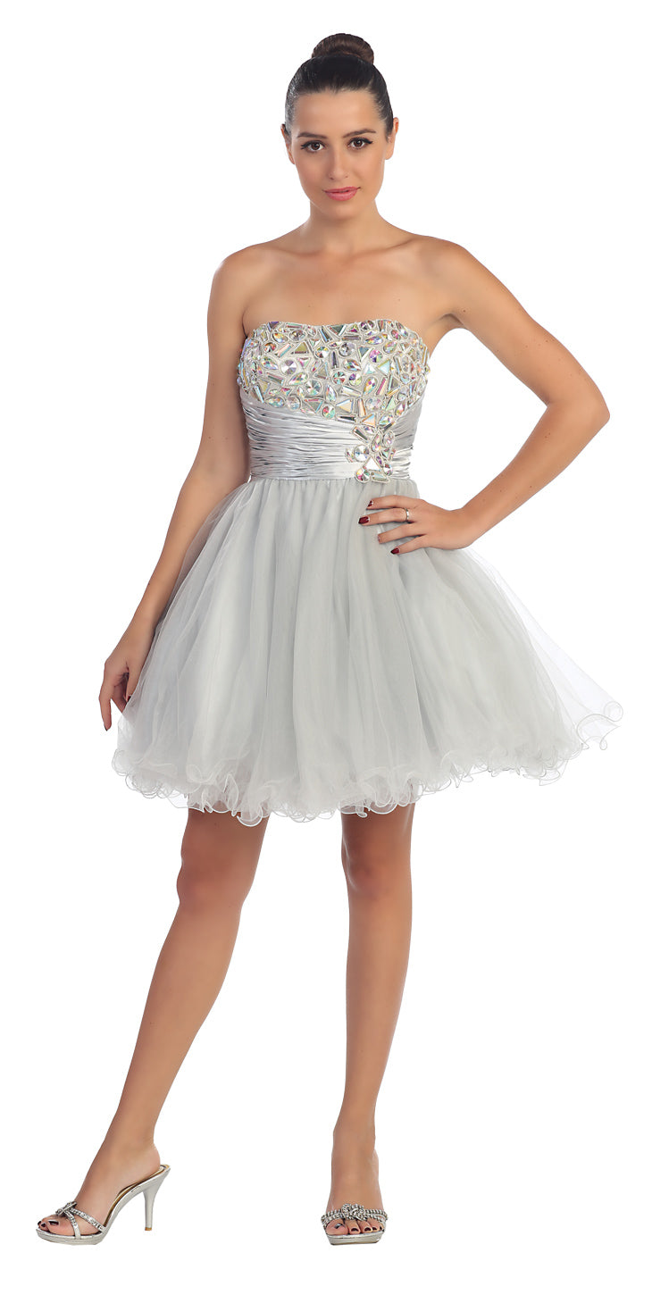 Image of Strapless Rhinestones Bust Short Tulle Party Dress in Silver