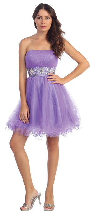 Image of Strapless Pleated Rhinestone Waist Short Party Dress  in Lavender