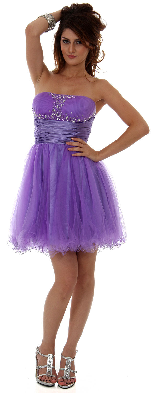 Image of Strapless Mesh Short Party Dress With Beaded Bust in Lavender