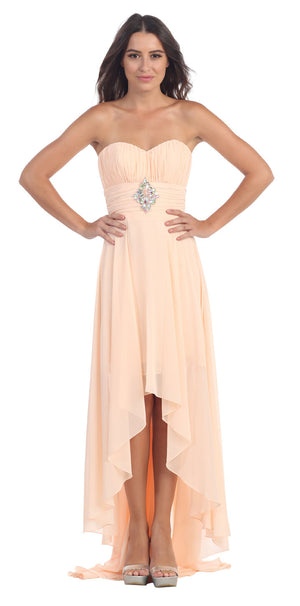 Image of Strapless Rhinestones Waist Hi-low Formal Party Dress  in Peach