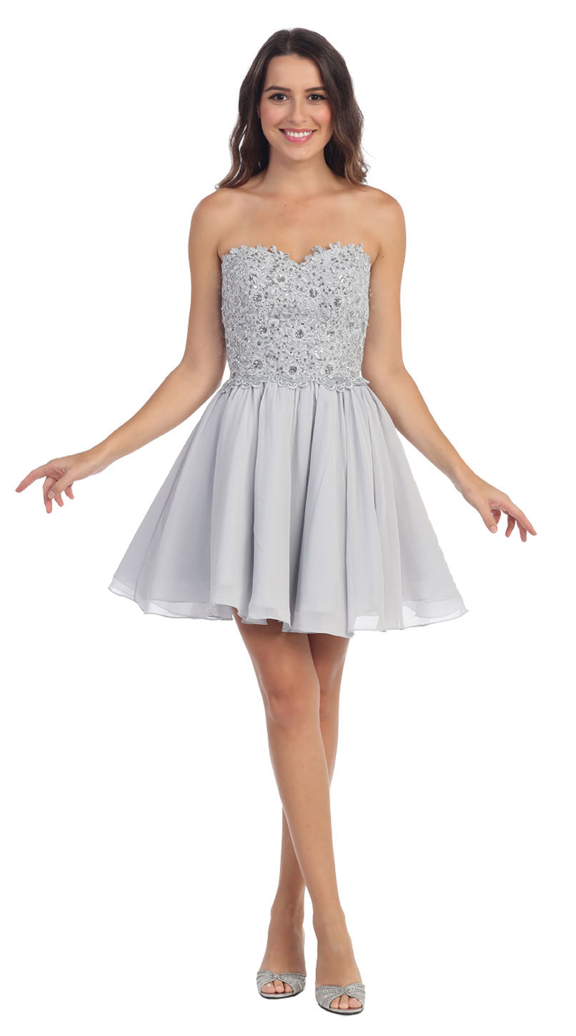 Image of Strapless Lace & Beads Bodice Short Party Bridesmaid Dress in Silver