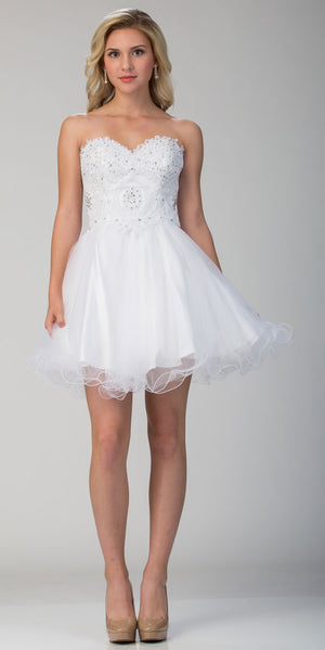 Image of Strapless Beaded Lace Top Tulle Short Homecoming Dress in White