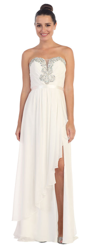 Image of Strapless Ruffled Overlay Beaded Long Formal Evening Dress in White