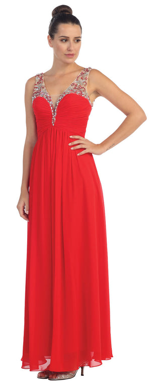 Image of V-neck Bejeweled Bust & Shoulders Long Formal Evening Dress in Red