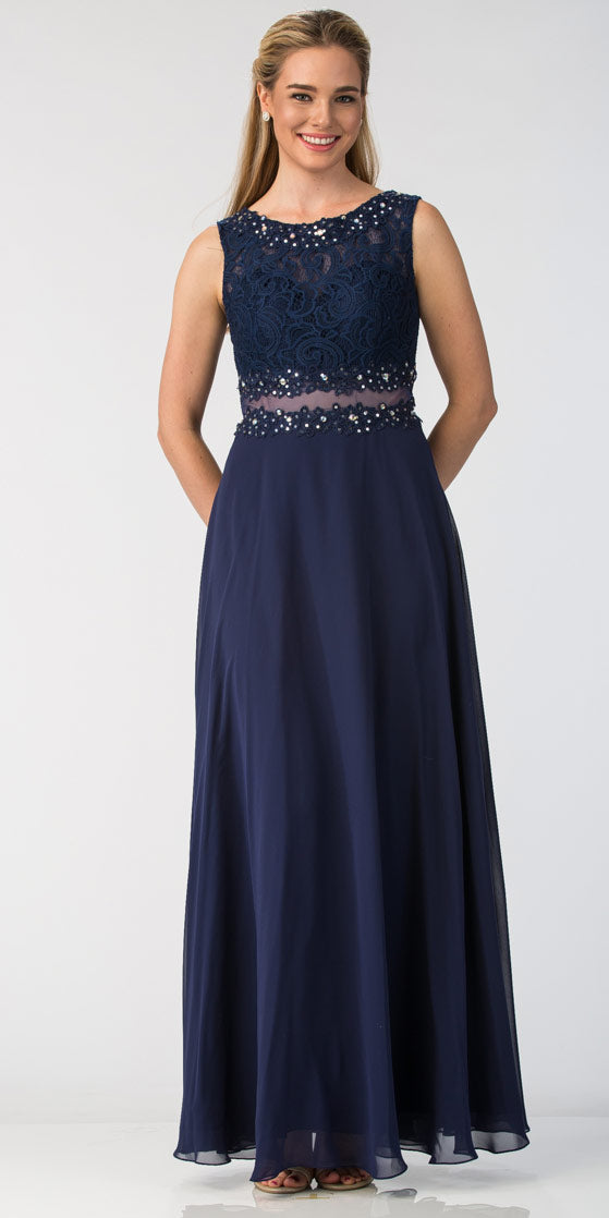 Image of Mock Two Piece Lace Bodice Floor Length Prom Dress in Navy
