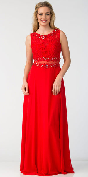 Image of Mock Two Piece Lace Bodice Floor Length Prom Dress in Red