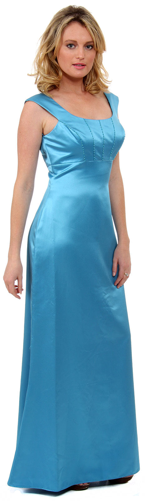 Image of Boat Neck Beaded Bridesmaid Dress in Carribean Blue