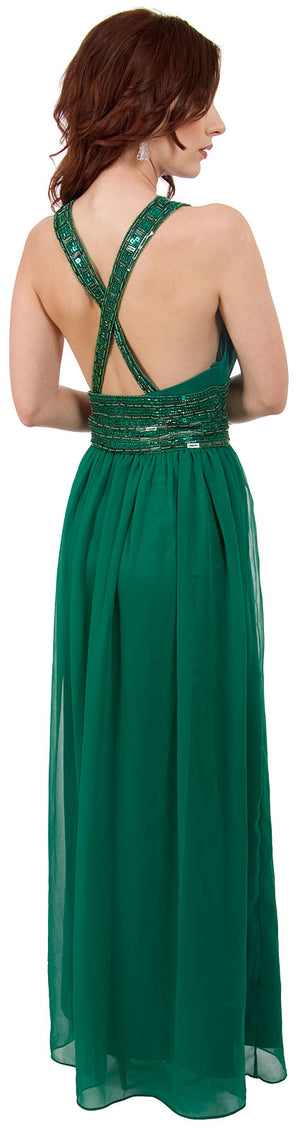 Back image of Roman Empire Long Formal Dress With Beaded Straps & Waist