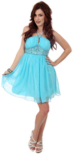 Main image of Halter Neck Shirred & Beaded Short Party Dress 