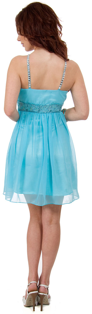 Back image of Halter Neck Shirred & Beaded Short Party Dress 