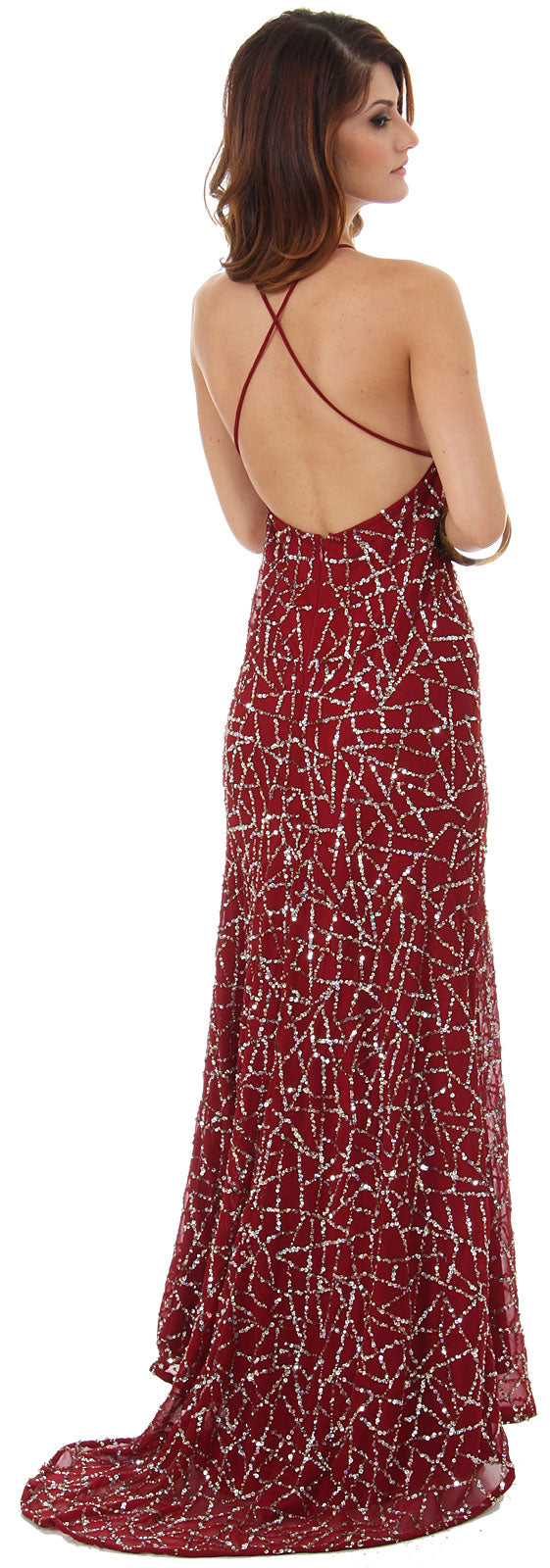 Image of Halter Neck Sequined Long Formal Prom Dress With Train back in Burgundy