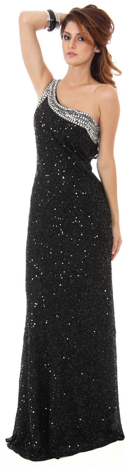 Image of One Shoulder Bare Back Sequined Long Formal Prom Dress in alternative picture