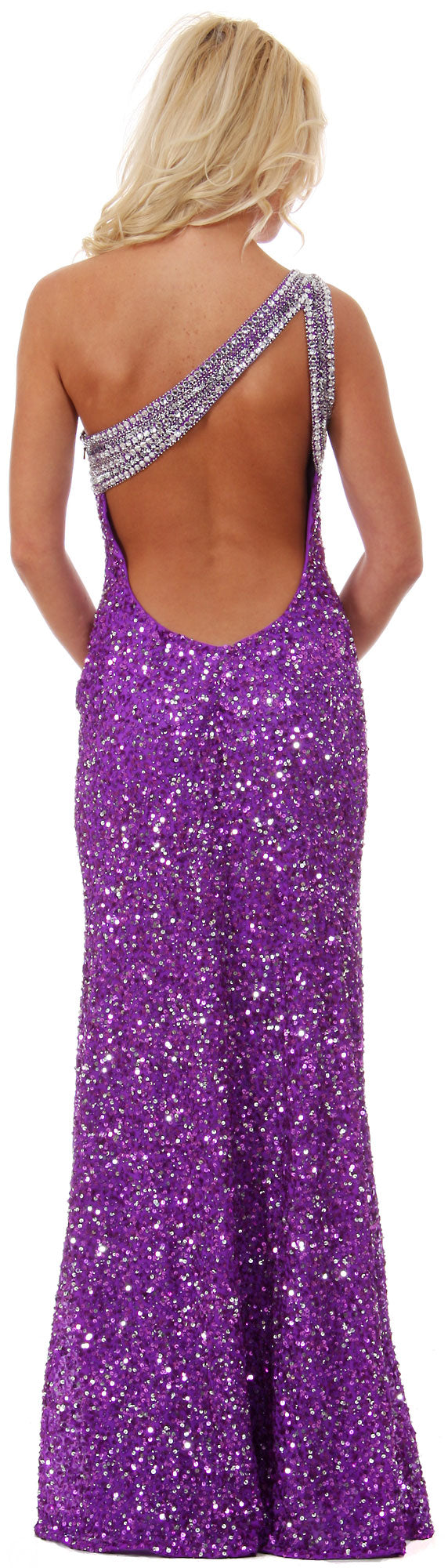 Back image of One Shoulder Bare Back Sequined Long Formal Prom Dress