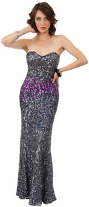 Image of Strapless Exquisitely Sequined Long Formal Prom Dress  in Charcoal/Purple