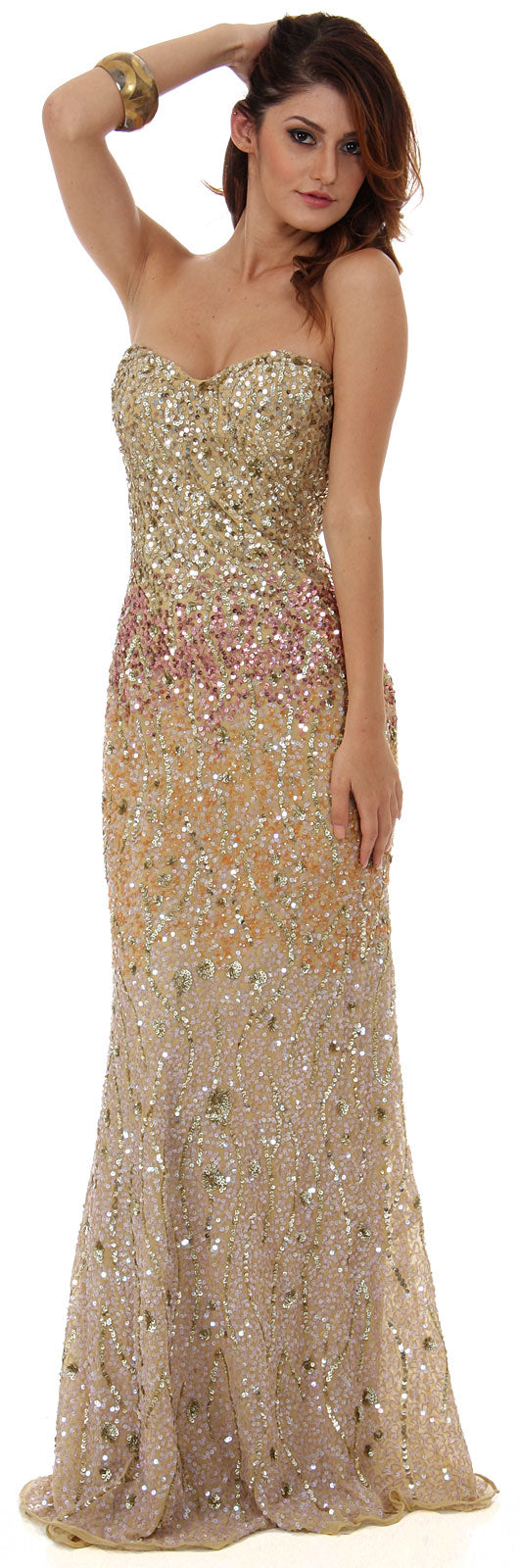 Image of Strapless Exquisitely Sequined Long Formal Prom Dress  in Gold