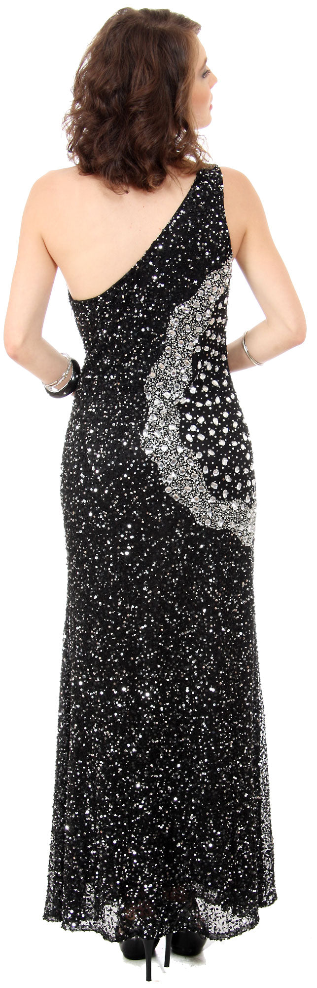 Image of Long Sequined Formal Prom Dress With Rhinestones Waist back in Black/Silver