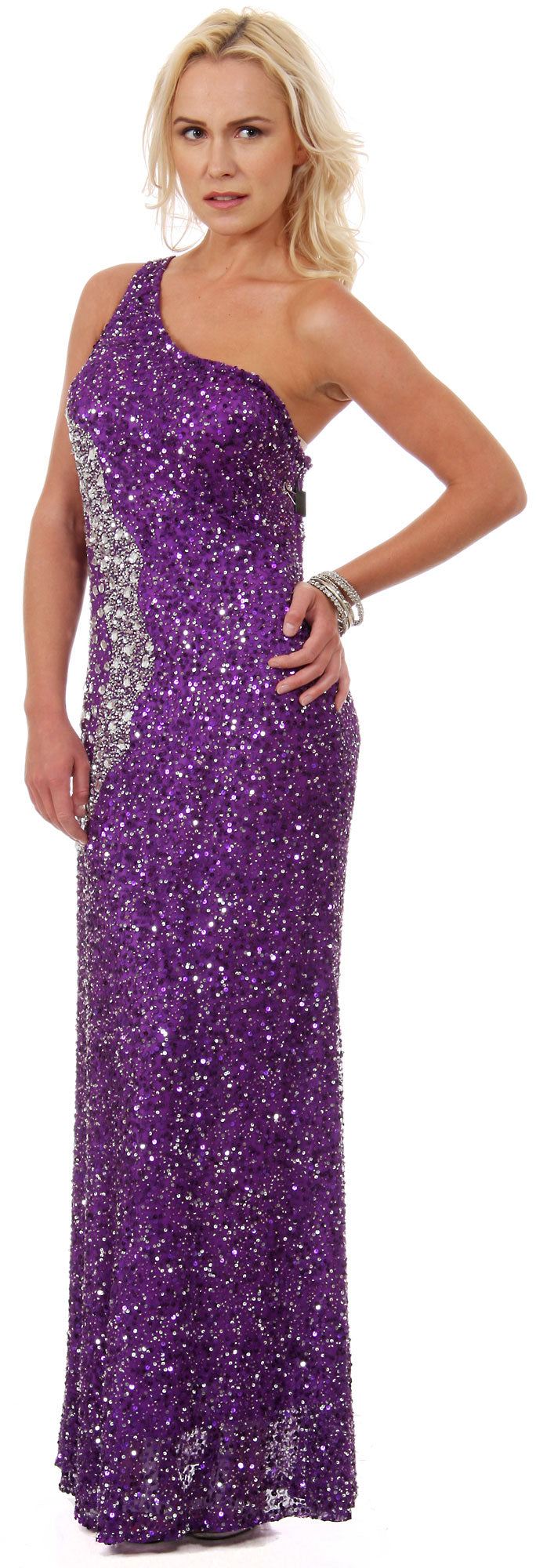 Main image of Long Sequined Formal Prom Dress With Rhinestones Waist