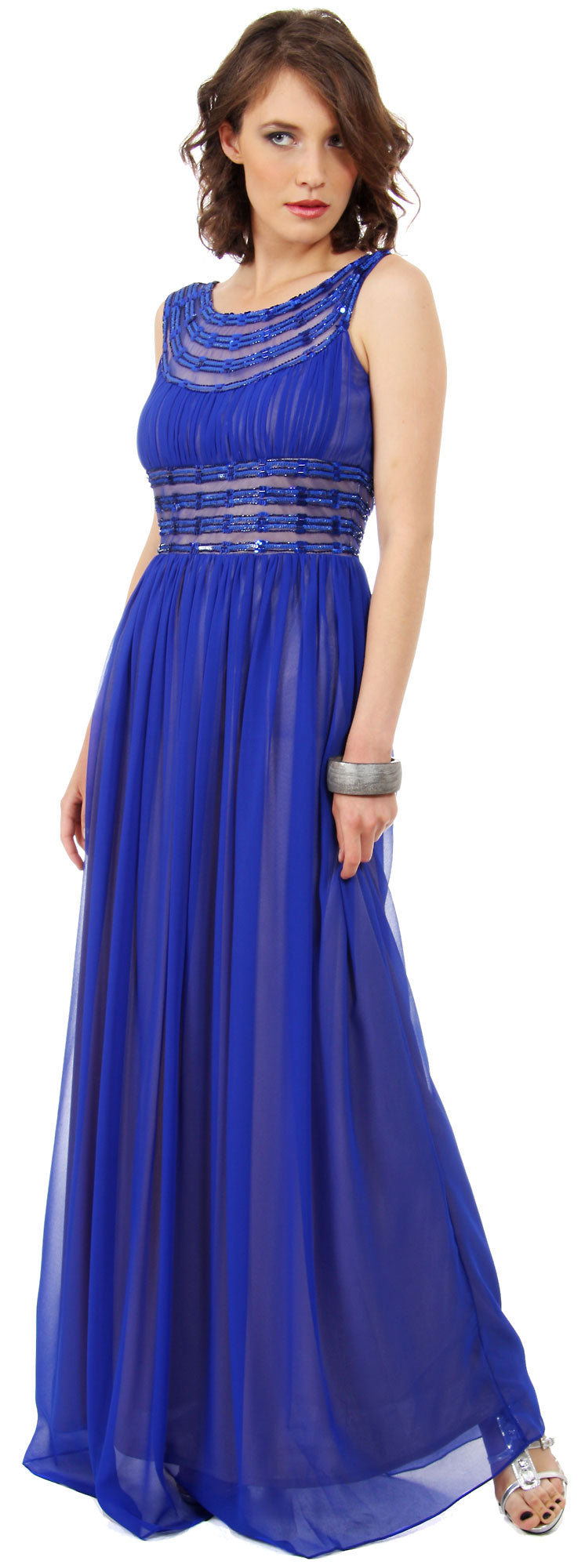Image of Round Neck Empire Cut Sequined Floor Length Prom Dress in Royal Blue/Gold