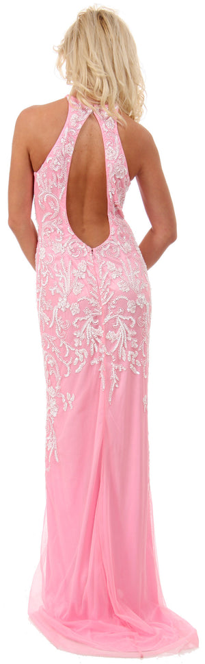 Back image of Halter Neck Keyhole Back Sequined Long Formal Prom Dress