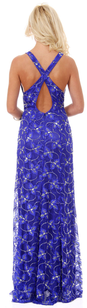 Image of Halter Neck Beaded Mesh Long Formal Prom Dress back in Royal Blue