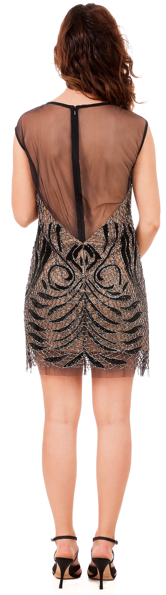 Back image of Beaded Short Homecoming Party Dress With Illusion Back