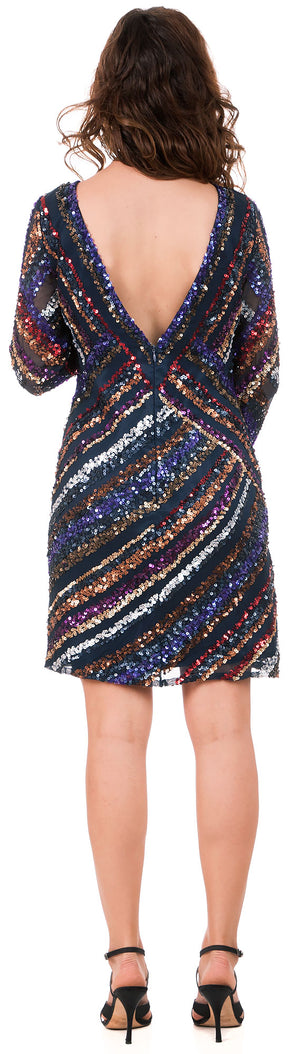 Back image of V-neck Diagonal Sequins Pattern Party Prom Dress