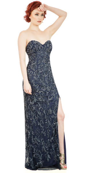 Image of Strapless Floral Beads & Sequins Long Formal Prom Dress in Navy