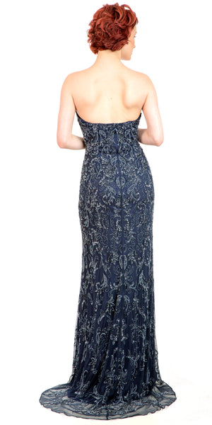 Back image of Strapless Floral Beads & Sequins Long Formal Prom Dress