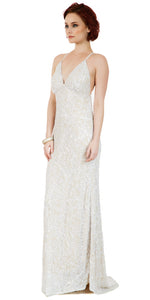 Image of Spaghetti Straps V-neck Sequins Long Formal Prom Dress in Ivory/Gold