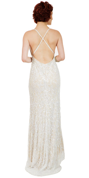 Image of Spaghetti Straps V-neck Sequins Long Formal Prom Dress back in Ivory/Gold