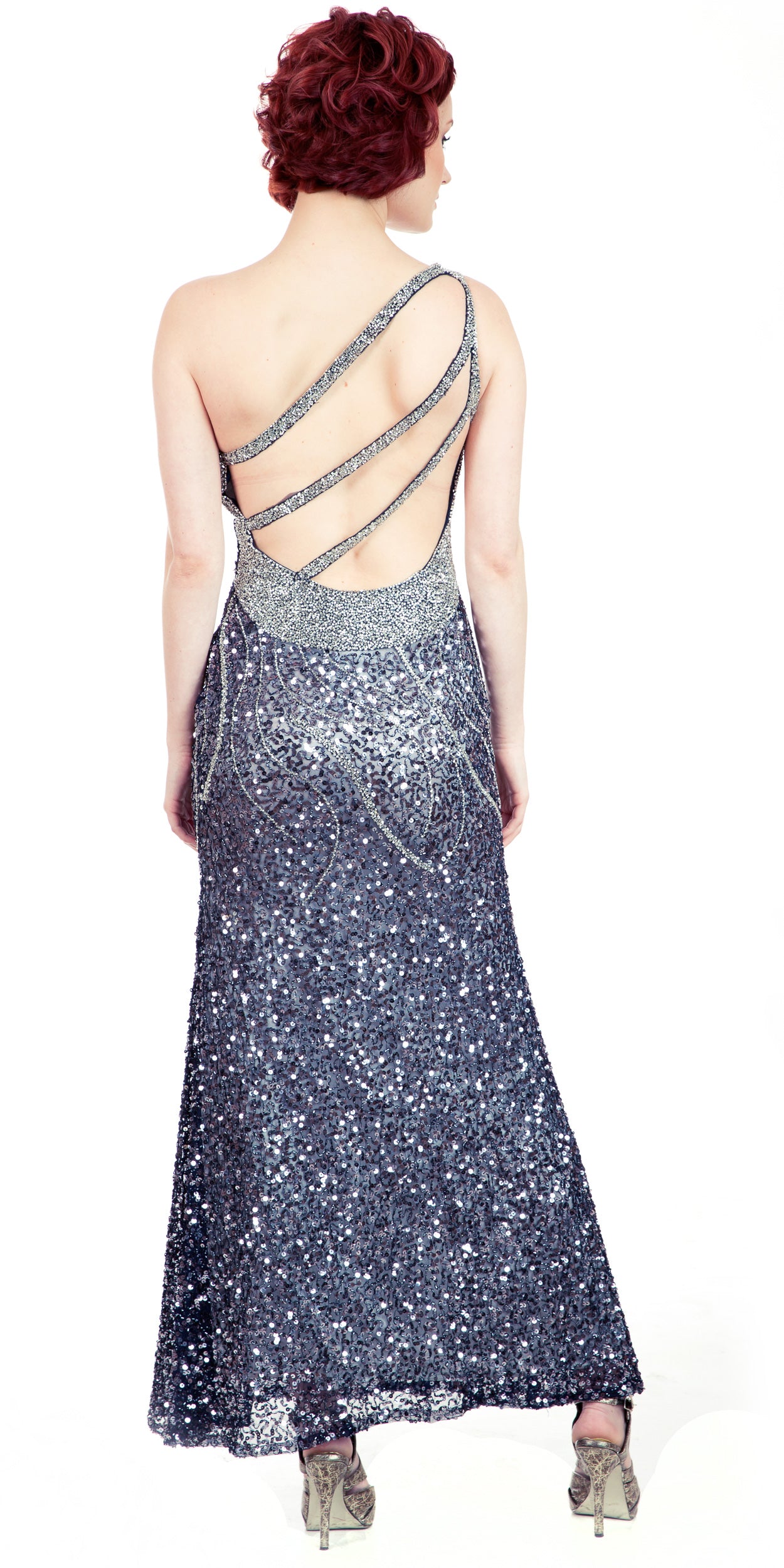 Image of One Shoulder Sparkling Beads & Sequins Long Prom Dress back in Navy/Silver