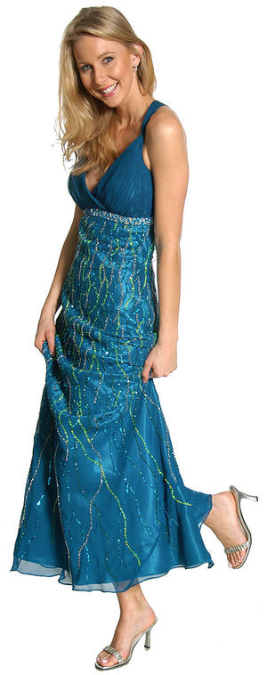 Image of Deep V-neck Crossed Back Sequined Long Formal Prom Dress in alternative view