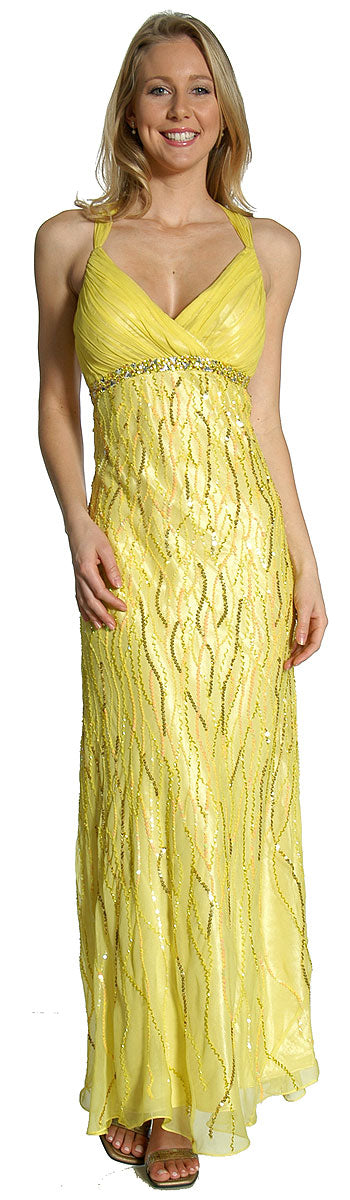 Image of Deep V-neck Crossed Back Sequined Long Formal Prom Dress in Lemon