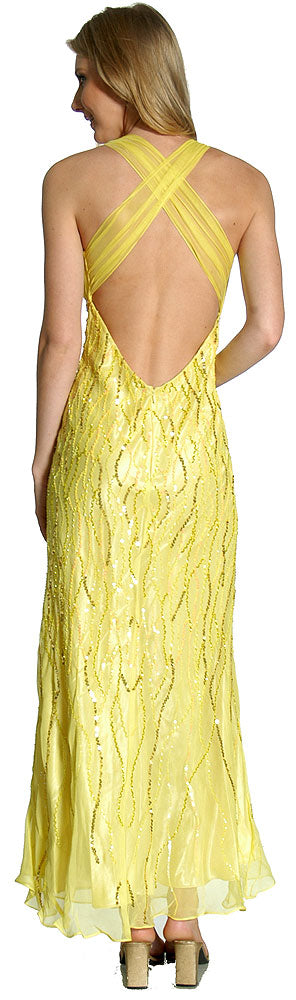 Image of Deep V-neck Crossed Back Sequined Long Formal Prom Dress back in Lemon color