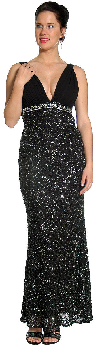 Image of Studded Empress Formal Prom Dress With Shirred Bust in Black/Silver