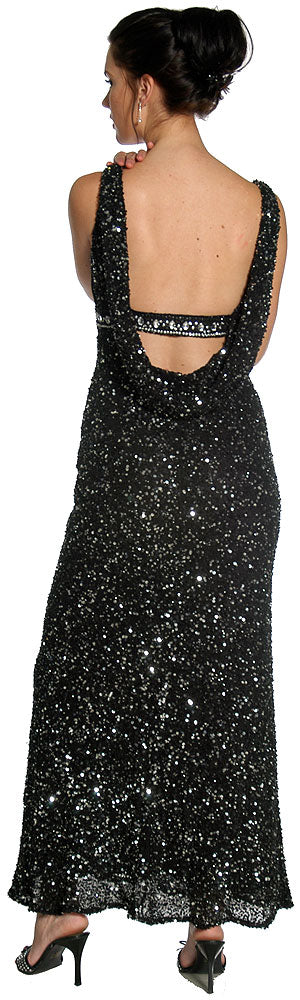 Image of Studded Empress Formal Prom Dress With Shirred Bust in Black/Silver back view