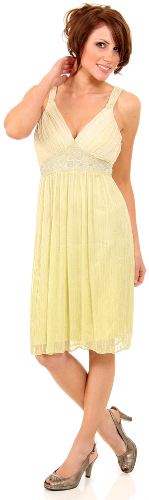 Image of V-neck Two Tone Beaded Knee Length Formal Party Dress in Lime Green