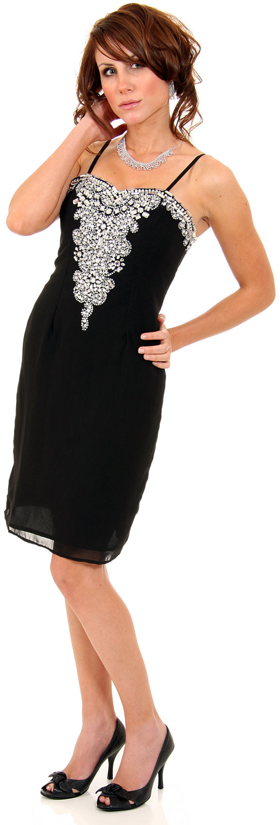 Main image of Spaghetti Strapped Bejeweled Straight Cocktail Dress