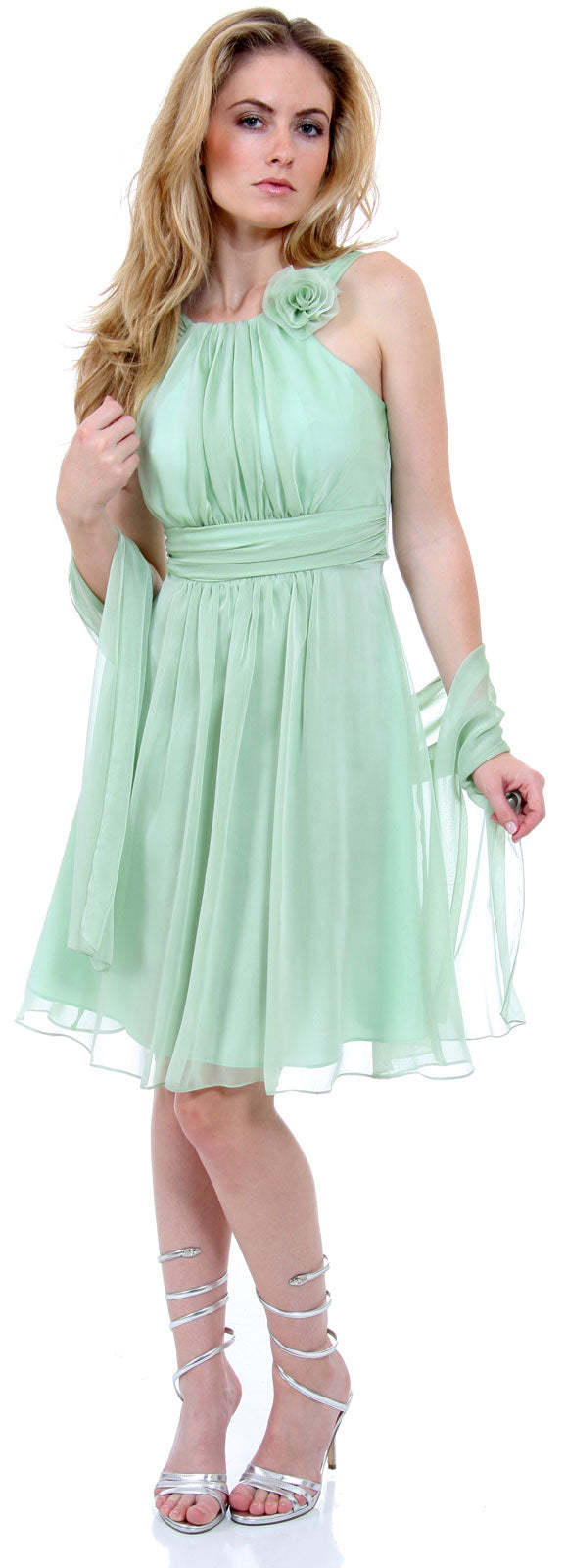 Image of Empire Cut Shirred Knee Length Bridesmaid Party Dress in sage alternative view.